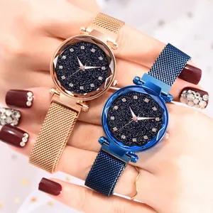 Detail of starry sky watch dial with diamond markers and faceted crystal on Milanese band