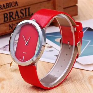 Modern red leather quartz watch with a unique transparent hollow dial and silver case
