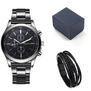 Set regalo business con orologio grigio, bracciale in pelle intrecciata e confezione