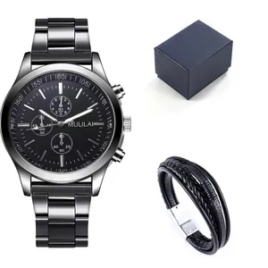 Set orologio da uomo con cronografo al quarzo e bracciale in pelle intrecciata nera