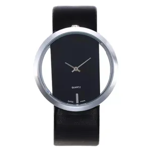 Minimalist rectangular quartz watch with silver metal frame and black leather strap