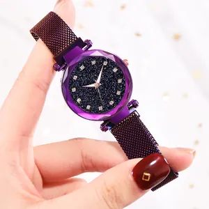 Detail of starry blue dial with faceted glass lens and purple mesh magnetic strap