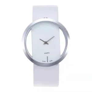 Minimalist silver fashion watch with hollow dial design and white leather strap