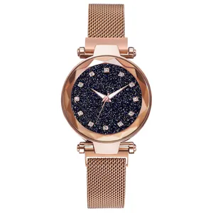 Women rose gold mesh band watch with starry blue dial and crystal markers
