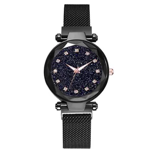 Detail of faceted glass crystal on black Milanese strap starry sky women's watch