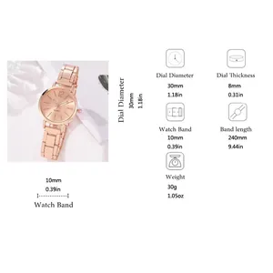 Detaillierte Maße der roségoldenen Damenuhr mit 30mm Zifferblatt und Metallarmband
