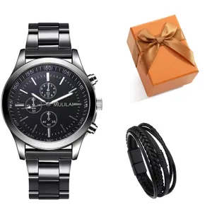 Orologio al quarzo da uomo nero con cinturino in acciaio e bracciale in scatola regalo