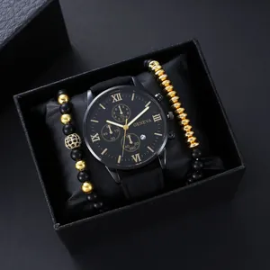 Heren kwartshorloge set in zwart met datum en twee gouden kralenarmbanden