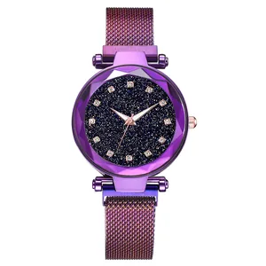 Detail of purple Milanese loop strap and starry sky dial with crystal markers