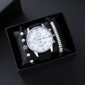 Heren Zakelijk Casual Kwartshorloge Set Met Multi-Wijzerplaat Decoratie Romeinse Cijfers Kalender Legering Kast Kunstlederen Band Horloge En Armband Cadeauset