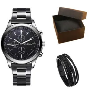 Orologio al quarzo tre quadranti con cinturino in metallo nero e bracciale in pelle