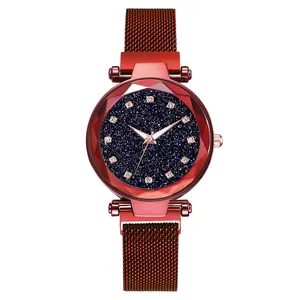 Red mesh band women watch with starry sky dial and faceted geometric glass lens