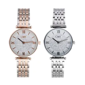 Women Fashion Quartz Watch With Rhinestone Starry Sky Dial Roman Numerals Casual Metal Chain Link Bracelet Wristwatch For Ladies Gift