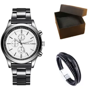 Orologio cronografo da uomo in acciaio con bracciale in pelle e scatola regalo