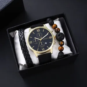 Heren horloge cadeauset met kwartsuurwerk lederen band en kralenarmbanden in doos