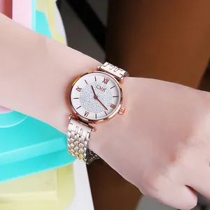 Women's quartz watch with rose gold silver steel strap and crystal starry dial