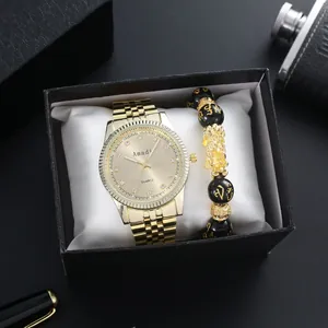 Men gold quartz watch set with luminous rhinestone dial and gold dragon bracelet in gift box