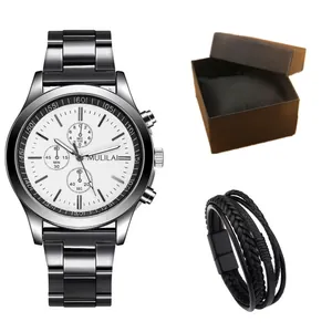 Set orologio da uomo business con cinturino in acciaio argento e bracciale in pelle