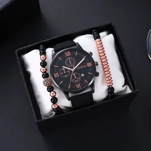 Zakelijke heren horloge cadeau set met zwart wijzerplaat en stijlvolle kralen armbanden