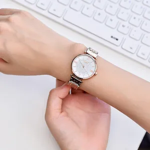 Detail shot of a rose gold quartz watch featuring a sparkling rhinestone-encrusted dial