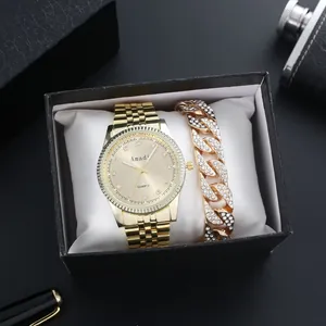 Luxury Men Gold Quartz Watch Rhinestone Dial Luminous Alloy Watch And Bracelet And Jewelry Packaging Business Watch Gift