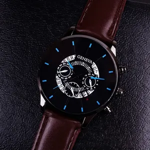 Men's business quartz watch with black case, blue markers and brown leather strap