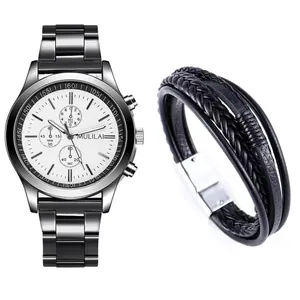 Orologio business da uomo in acciaio con quadrante bianco e set bracciale in pelle
