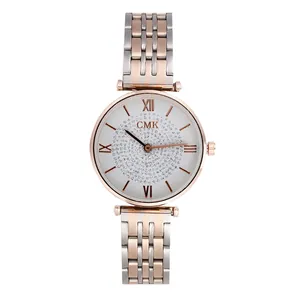Women's fashion quartz watch with rose gold starry dial and steel link bracelet
