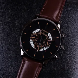 Detail of Geneva quartz watch with brown leather strap and decorative black dial
