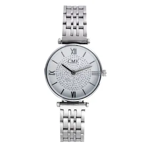 Silver stainless steel quartz watch for women with rhinestone starry dial and metal strap