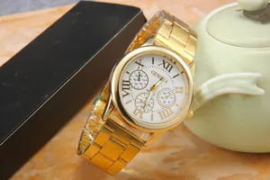 Detailed view of gold steel Geneva watch with Roman numerals and decorative sub-dials