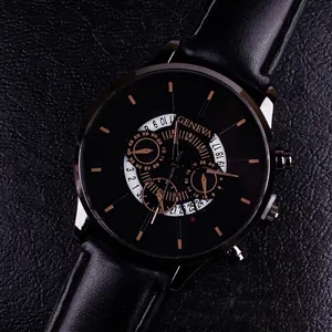 Business quartz watch with black leather strap and Geneva dial on leather background