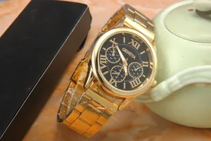 Detailed macro view of Geneva gold steel men's watch with black dial and Roman numerals