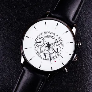 Classic Geneva men's business quartz watch with white dial and black leather strap