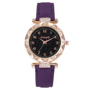 Dettaglio orologio Amadi con cinturino viola, lunetta in oro rosa e quadrante stellato