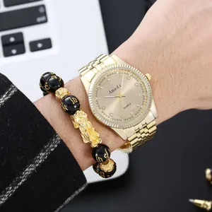 Men's gold-tone quartz watch and PiXiu bracelet gift set with sparkling stone markers