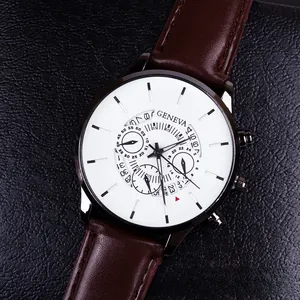 Detail of Geneva quartz watch with brown leather strap and classic white dial face