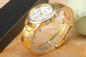 Detail view of gold steel watch strap with Geneva brand logo on white Roman numeral dial