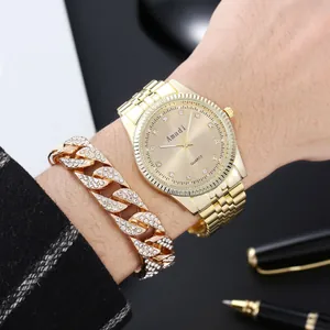 Luxury gold men's quartz watch and iced-out Cuban link bracelet jewelry set