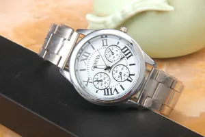 Macro detail of Geneva quartz watch with Roman numerals and triple sub-dial design