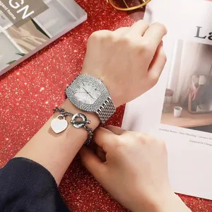 Luxury silver square diamond watch set with matching heart pendant bracelet for women