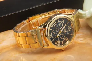 Detail view of Geneva gold watch with Roman numerals on black dial and metal bracelet