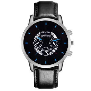 Business style men's quartz watch with silver alloy case and black leather strap