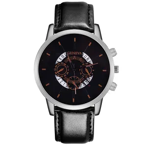 Detail view of the black leather strap and silver polished case of this men's watch