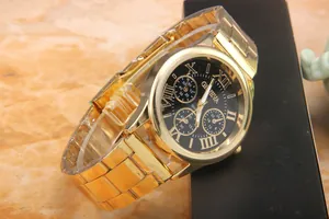 Detailed close-up of Geneva gold-toned steel watch featuring a black Roman numeral dial