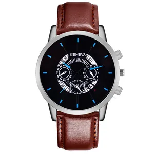 Close-up of Geneva watch with brown leather strap, blue markers, and decorative subdials
