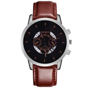 Macro detail of men's business watch with black dial, silver case and brown leather strap