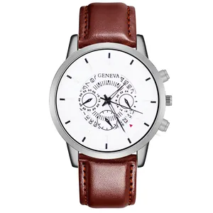 Detail of silver business watch with white dial, decorative subdials and brown leather strap