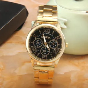 Geneva Fashion Roman Numeral Quartz Watch Gold Silver Metal Strap Decorative Three Eye Dial Business Casual Unisex Wristwatch