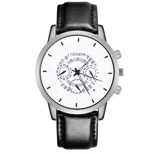Detail view of the silver-tone casing and black leather strap of this Geneva men's watch